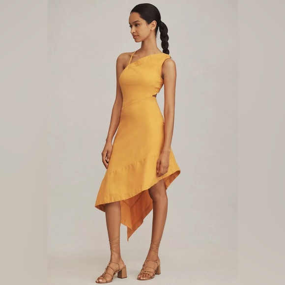 NWT! Anthropologie Sleeveless Asymmetrical Open-Back Linen Midi Dress - Yellow - Picture 4 of 5